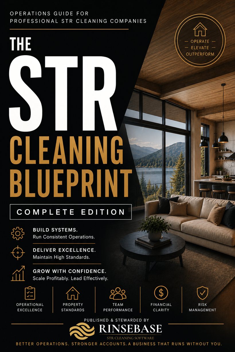 Cover of The STR Cleaning Blueprint, Complete Edition — the operations guide for professional STR cleaning companies, published and stewarded by Rinsebase