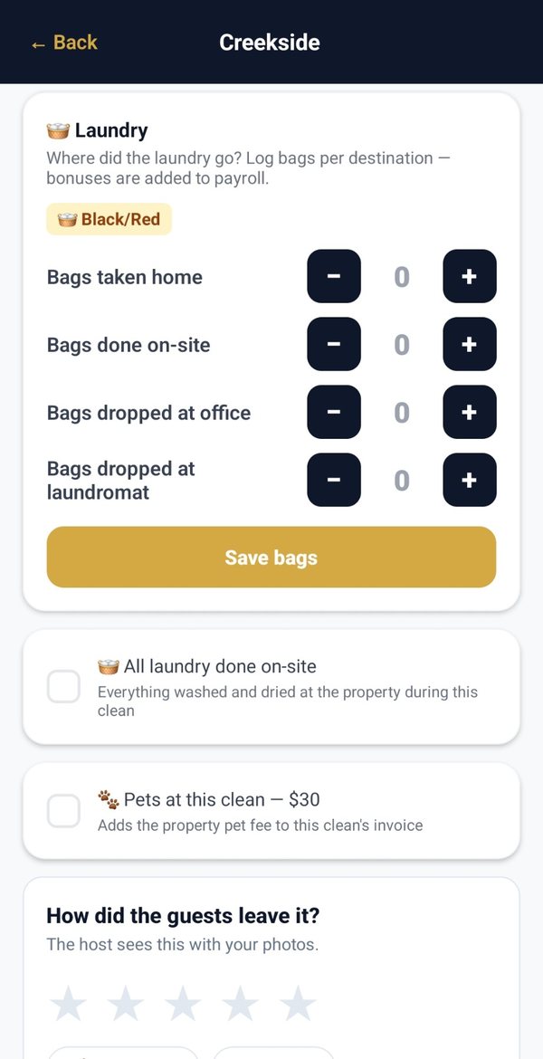 Rinsebase crew app close-out — laundry bags logged by destination, pet fee toggle, and a guest-condition rating the host sees with the photos
