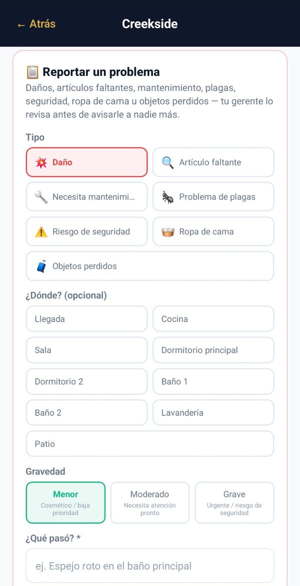 Rinsebase crew app issue report in Spanish — damage, missing item, maintenance, pests, safety, linen or lost and found, tagged to a room with a severity