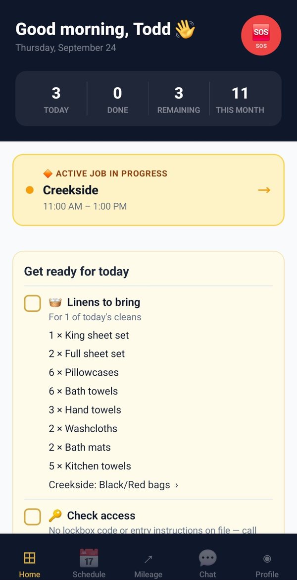 Rinsebase crew app home screen — today's cleans, the active job, and a get-ready card listing the linens to bring