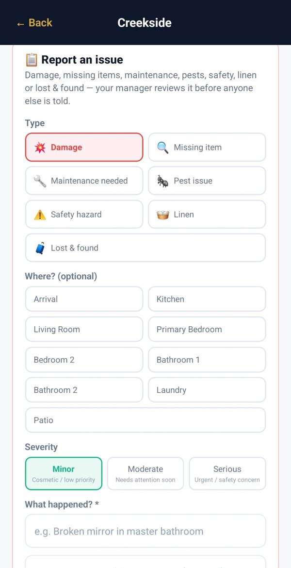 Rinsebase crew app issue report — damage, missing item, maintenance, pests, safety, linen or lost and found, tagged to a room with a severity