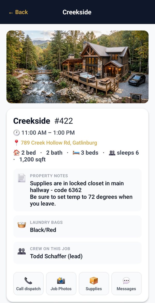 Rinsebase crew app job screen — property photo, time window, beds and baths, property notes, laundry bag colors, and the crew on the job