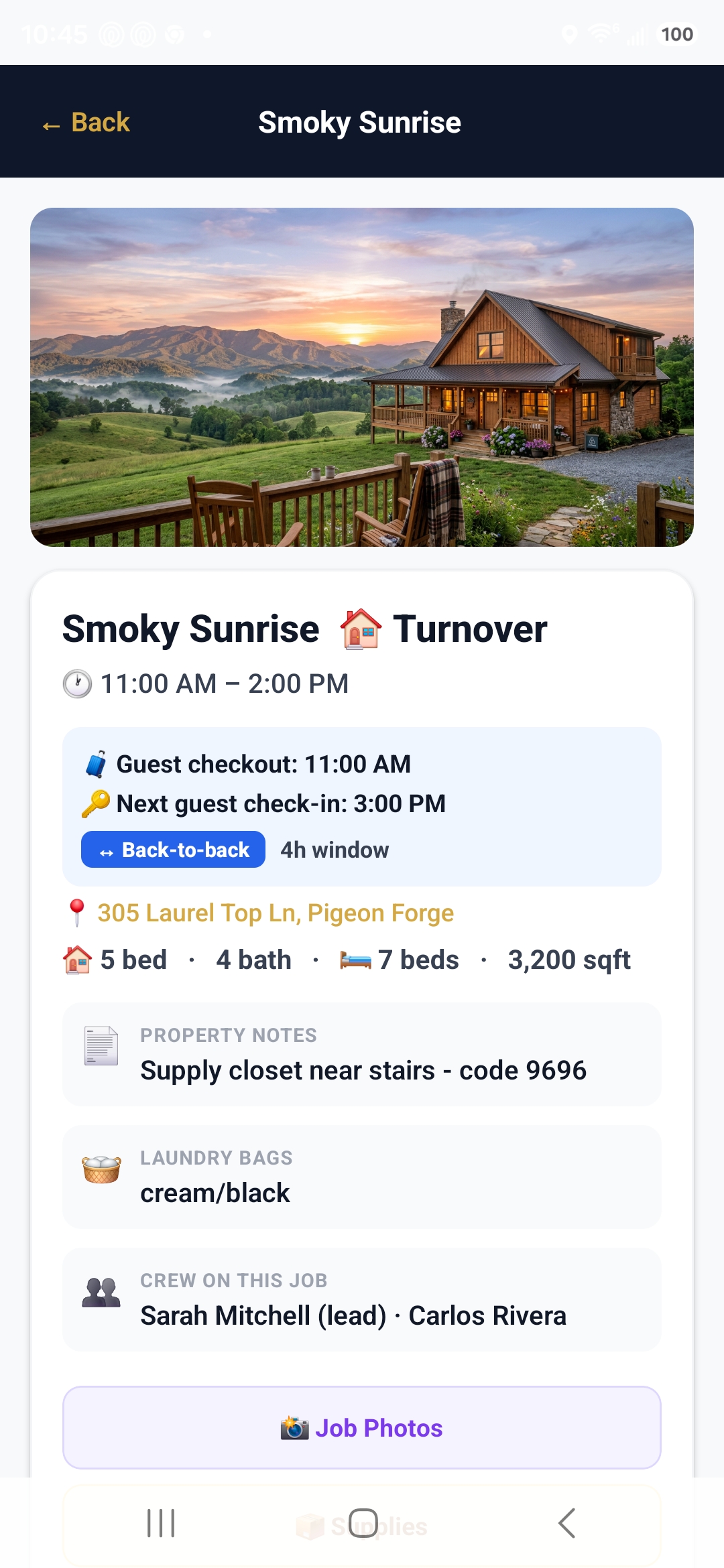 Rinsebase crew app — one job's full briefing: guest checkout and check-in times, the back-to-back window, lockbox code, property notes, laundry bag colors, and the assigned crew