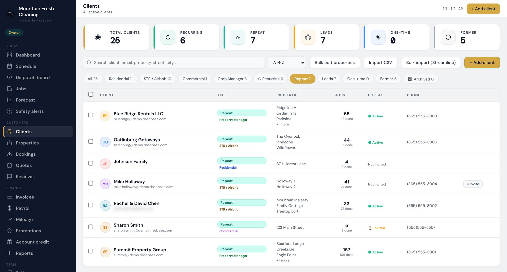 Rinsebase Clients — property managers and STR owners with their properties, job counts and portal status