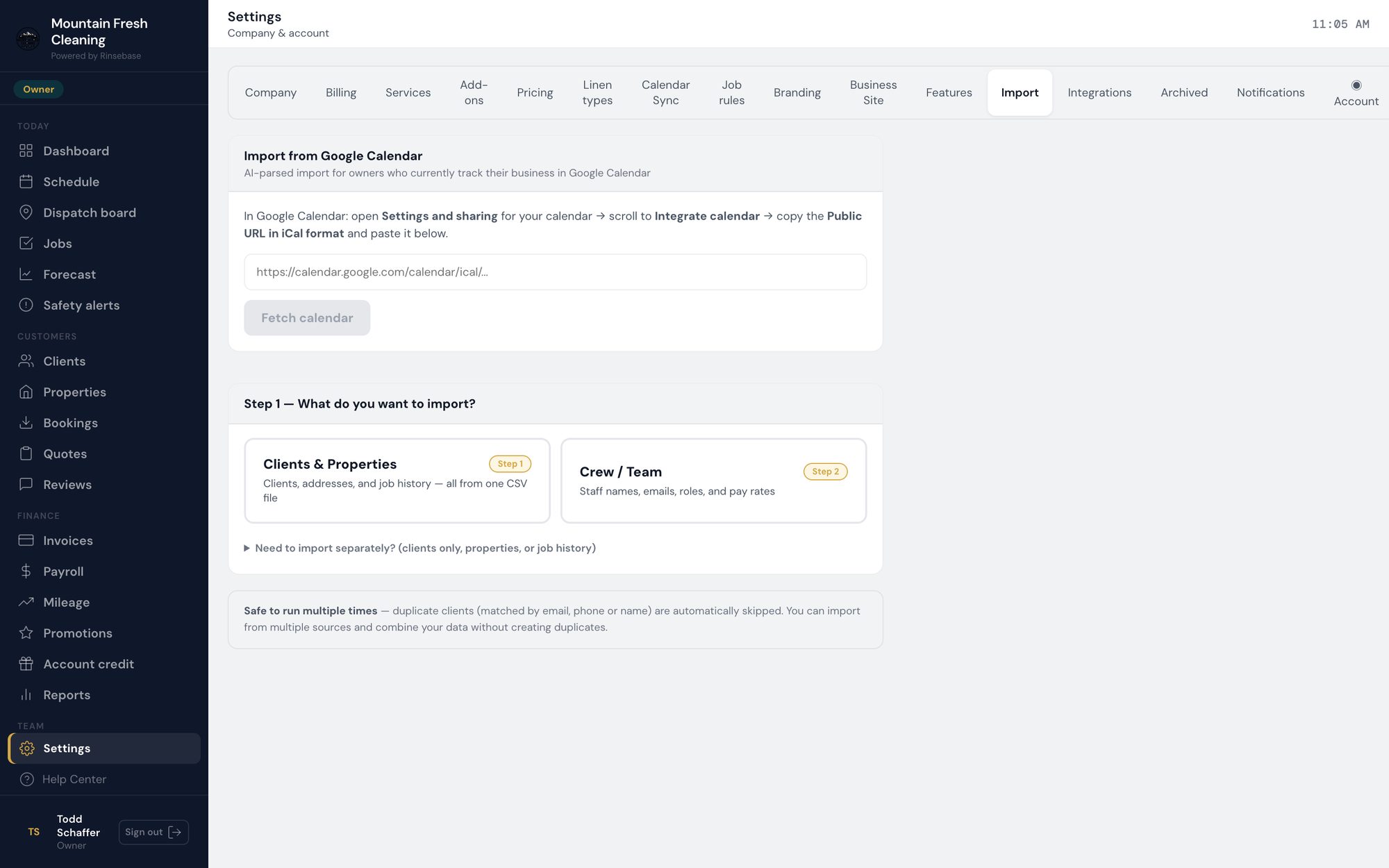 Rinsebase Import — bring clients, properties, job history and crew from another tool or a calendar