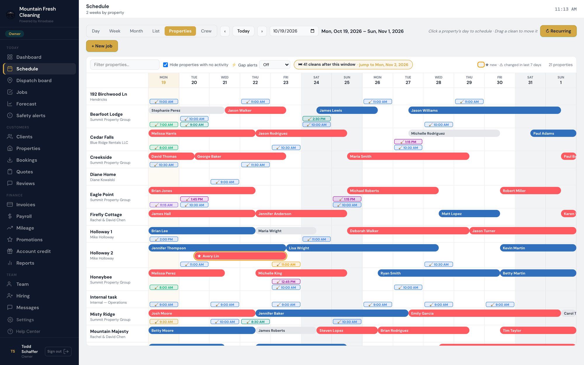 Rinsebase Schedule by property — guest stays from your clients' booking calendars with the cleans booked between them