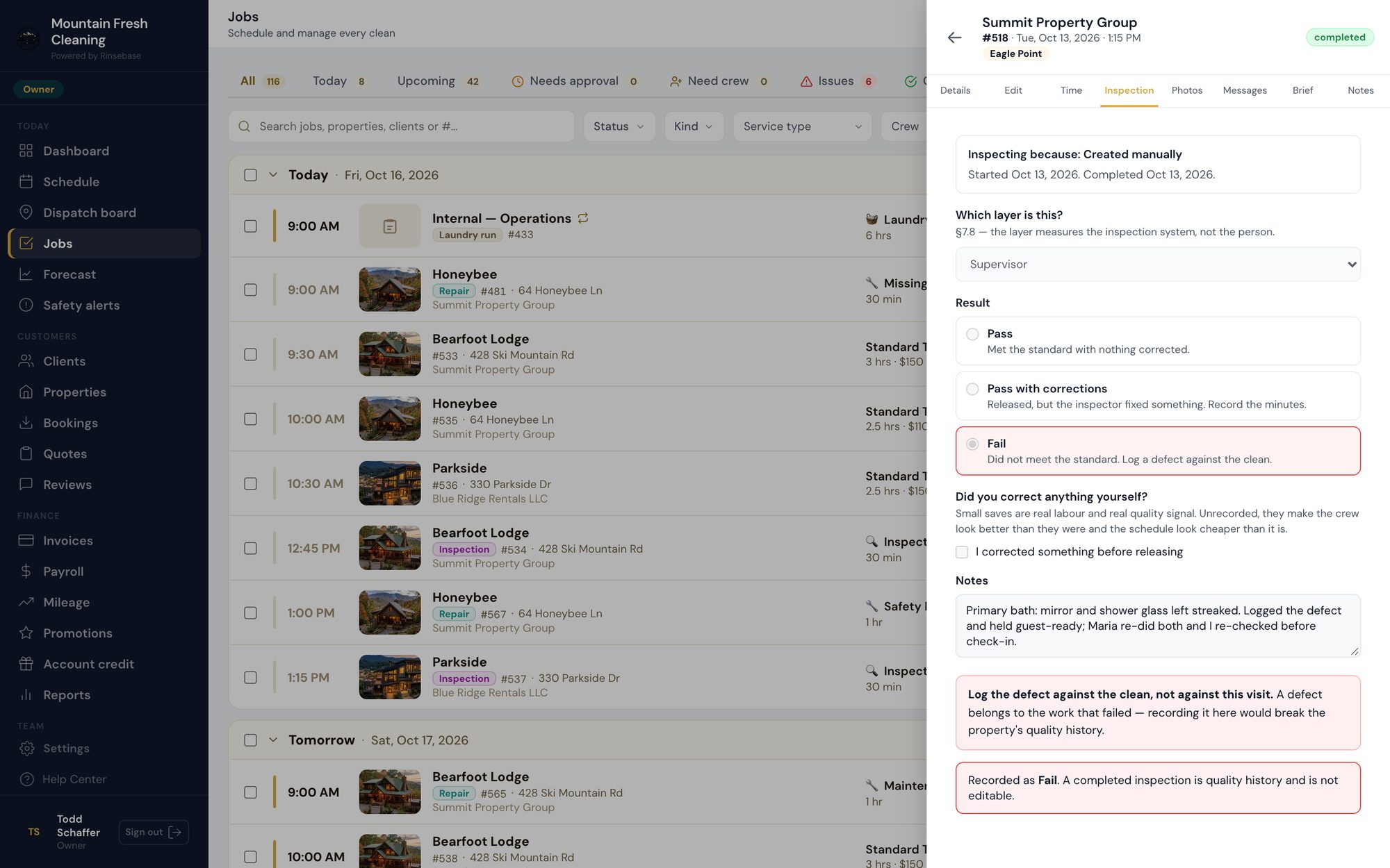 Rinsebase inspection record — Pass / Pass with corrections / Fail, the inspector's notes and the filed result