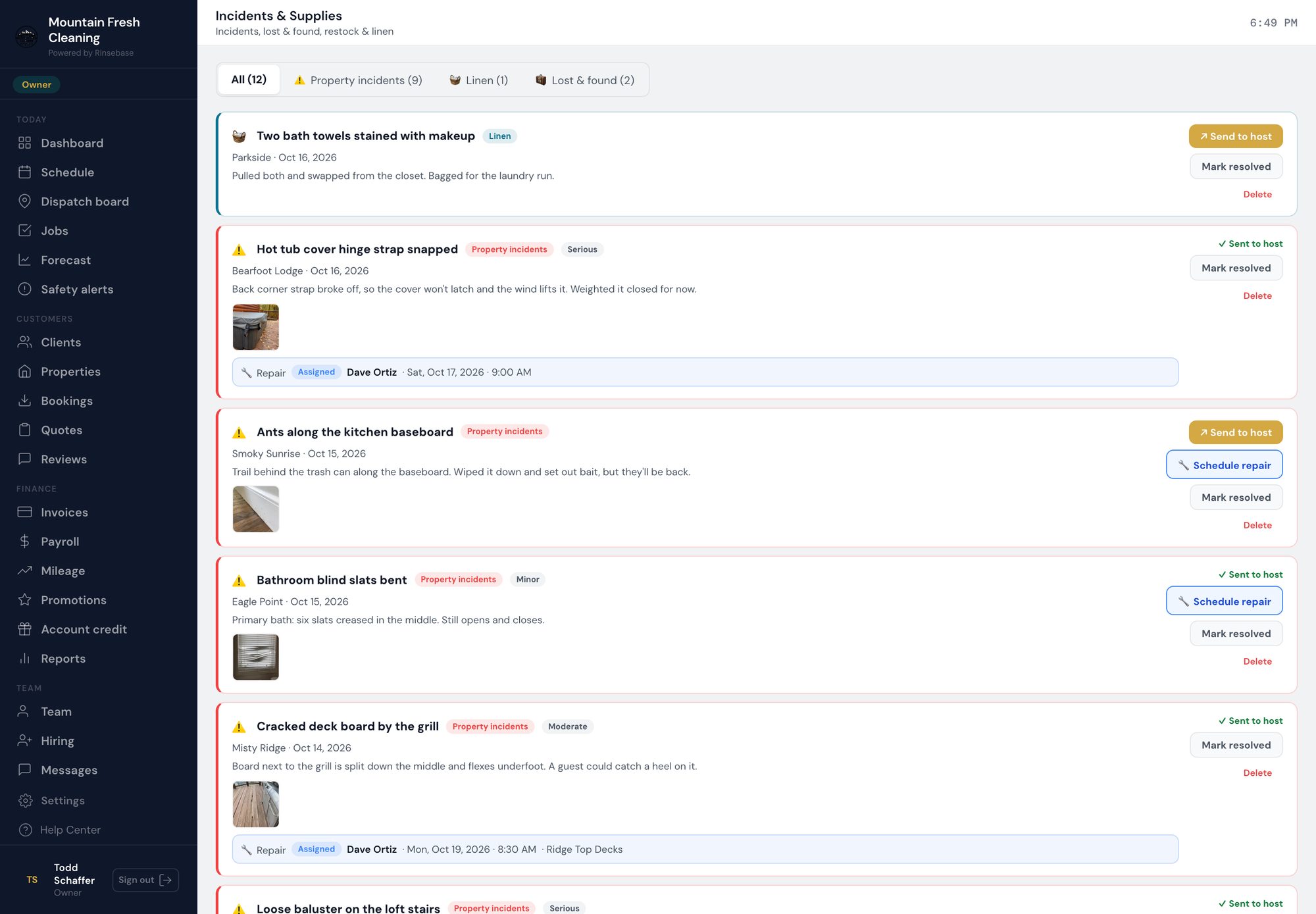 Rinsebase incidents feed — crew-filed incidents with photos, severity, Sent to host status, and the repair visit booked for each one