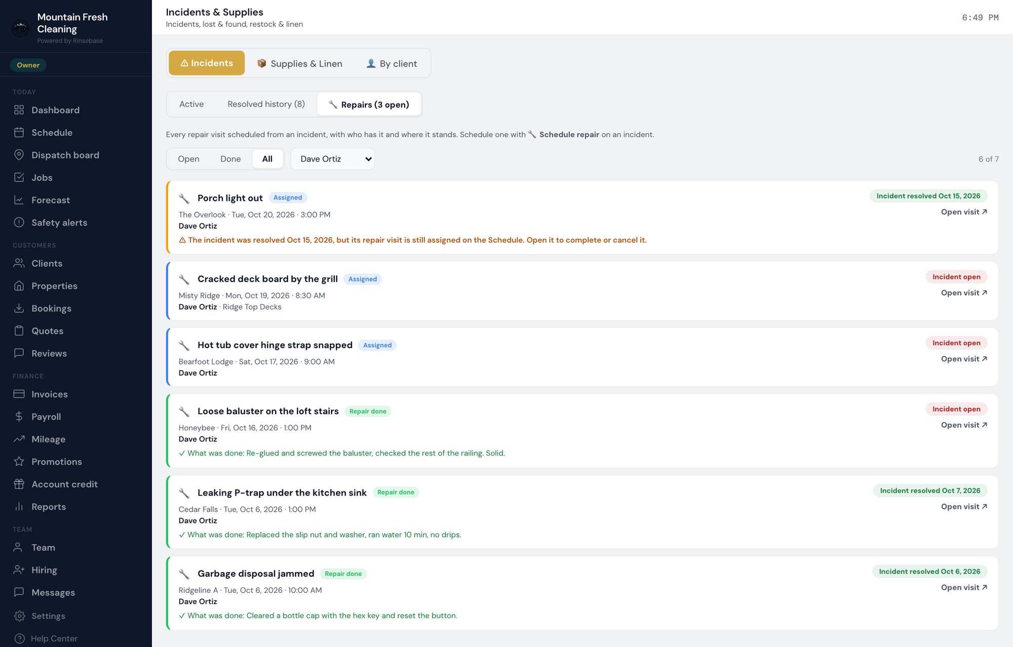 Rinsebase Repairs view — every repair visit with its stage, property, date, tech and what was done