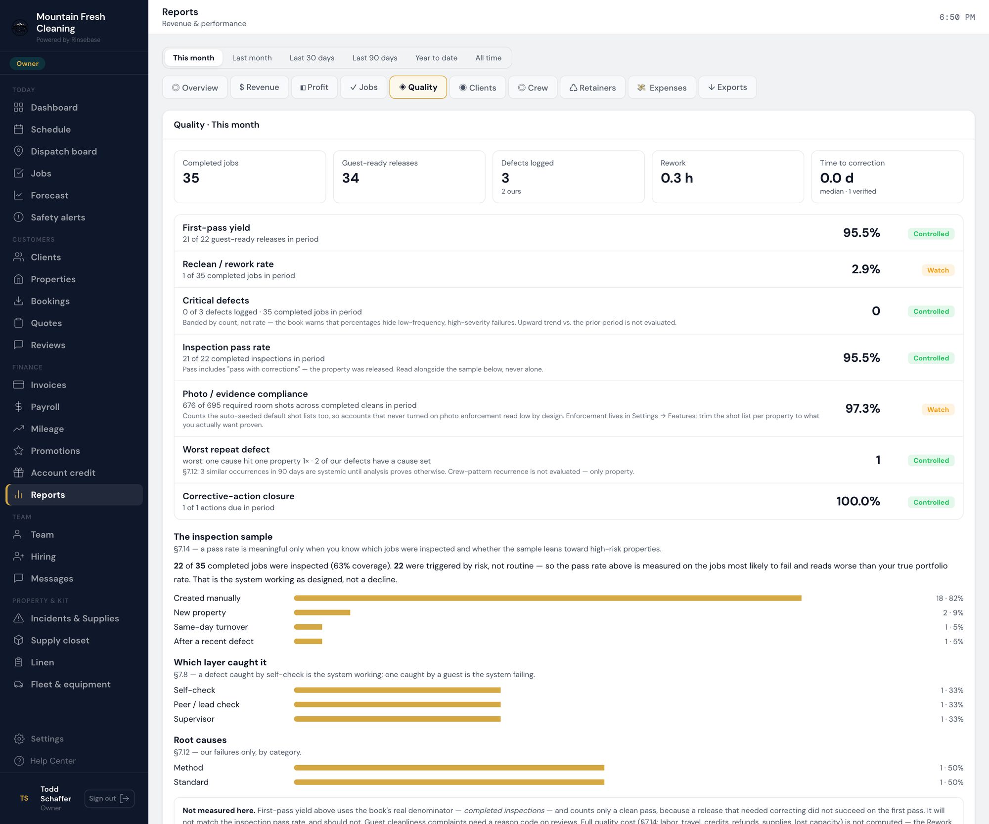 Rinsebase quality report — first-pass yield, inspection pass rate, critical defects, photo compliance and corrective-action closure, each banded Controlled or Watch