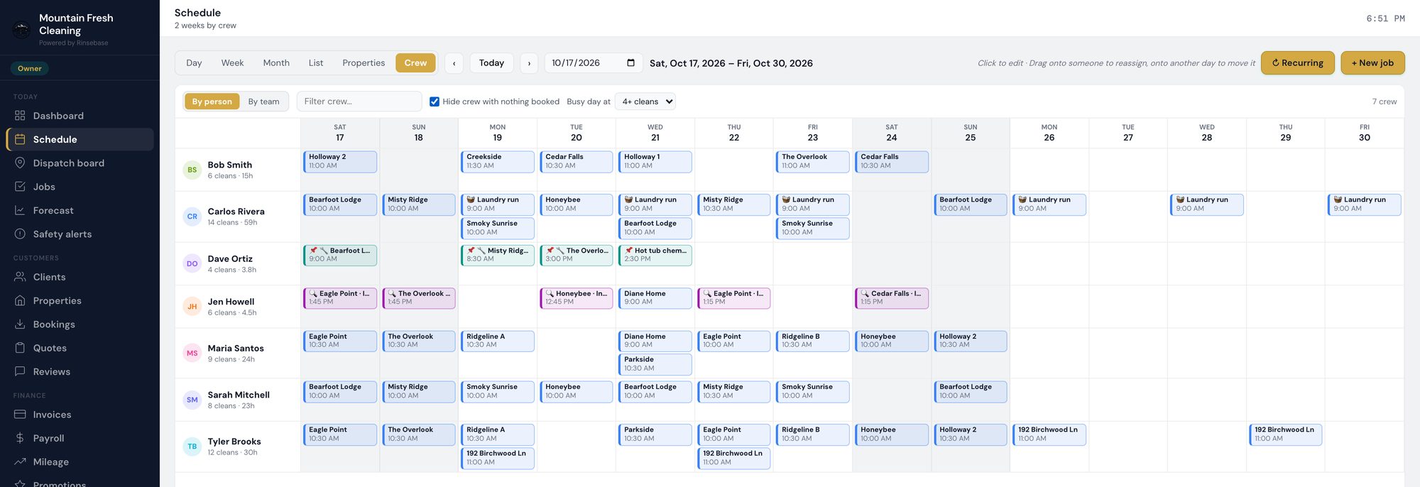 Rinsebase Schedule, two weeks by crew — cleaning crews, a maintenance tech with teal repair visits and an inspector with magenta inspections